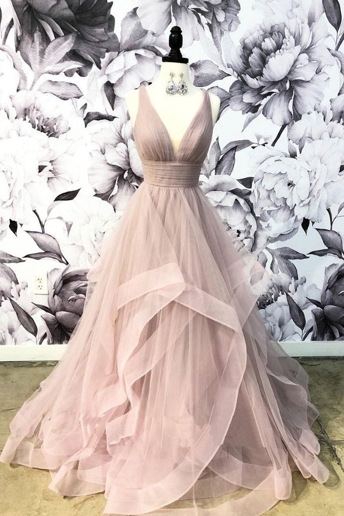 Blush Pink Lace Applique Prom Dresses Spaghetti Strap V-Neck Evening D –  vigocouture